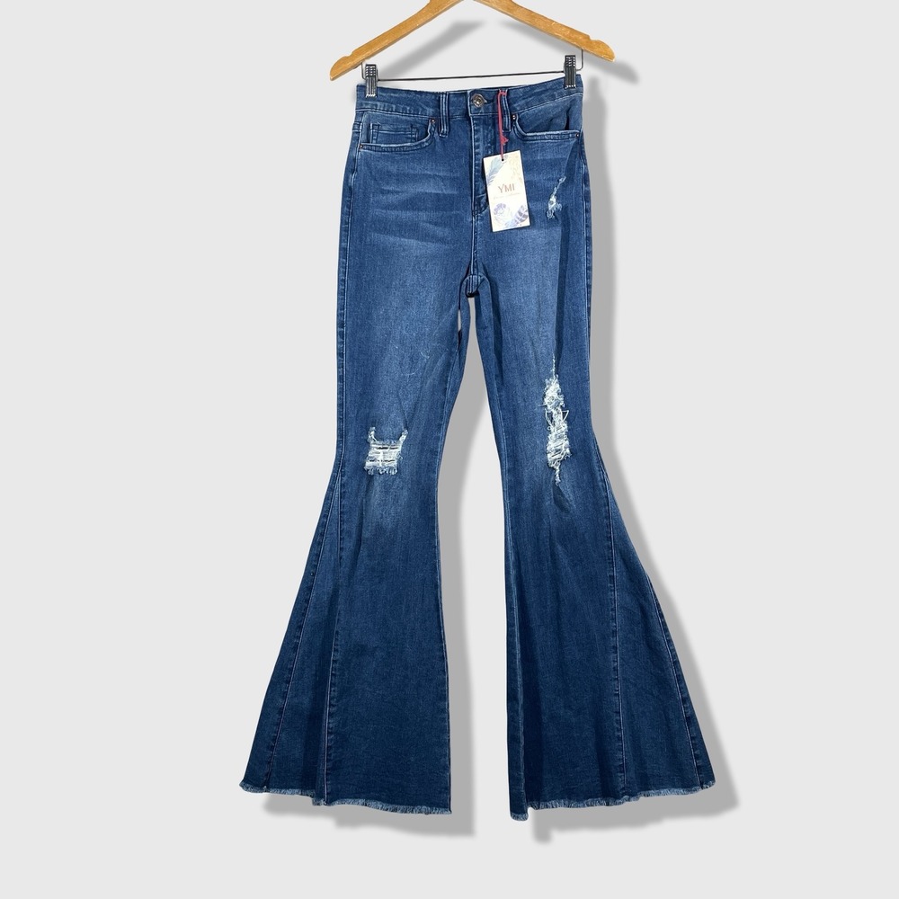 YMI Flare Gigi Jeans Women 7/28 Blue Distressed High Rise Wide‎ Leg Boho HIppie